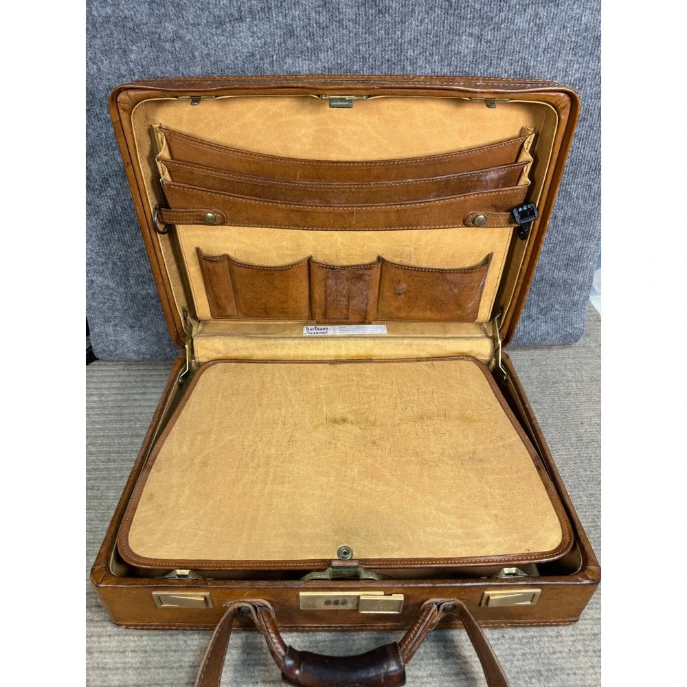 Hartmann Luggage Vintage Tan Belting Leather Briefcase Attache Brass Lock Case